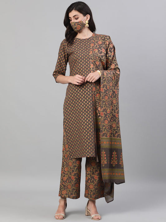 Women's Grey And Orange Gold Printed Three-Quarter Sleeves Straight Kurta With Palazzo And Dupatta With Pockets And Face Mask