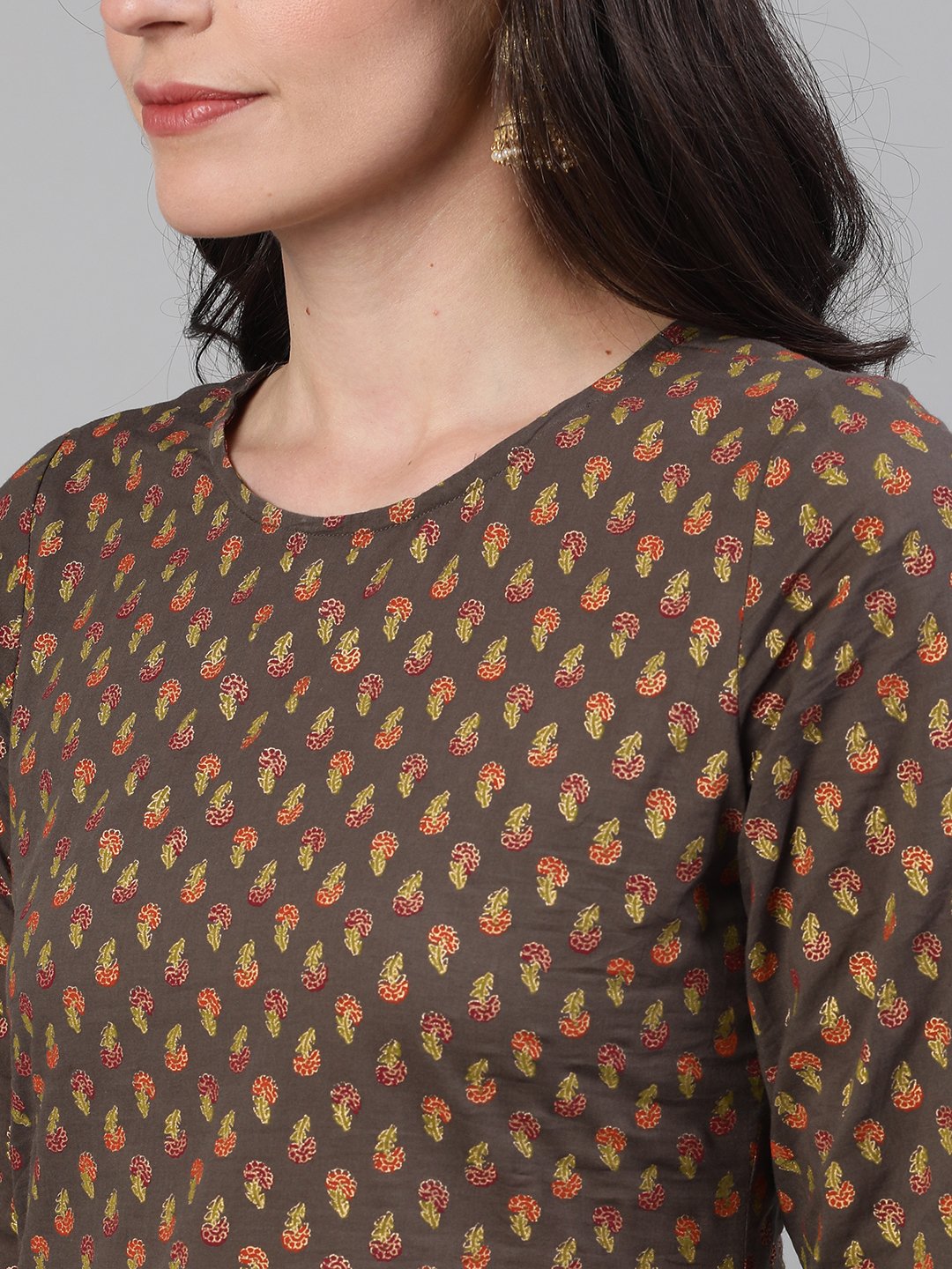 Women's Grey And Orange Gold Printed Three-Quarter Sleeves Straight Kurta With Palazzo And Dupatta With Pockets And Face Mask