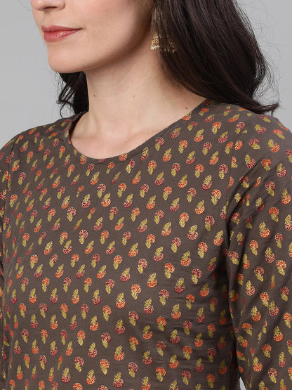 Women's Grey And Orange Gold Printed Three-Quarter Sleeves Straight Kurta With Palazzo And Dupatta With Pockets And Face Mask