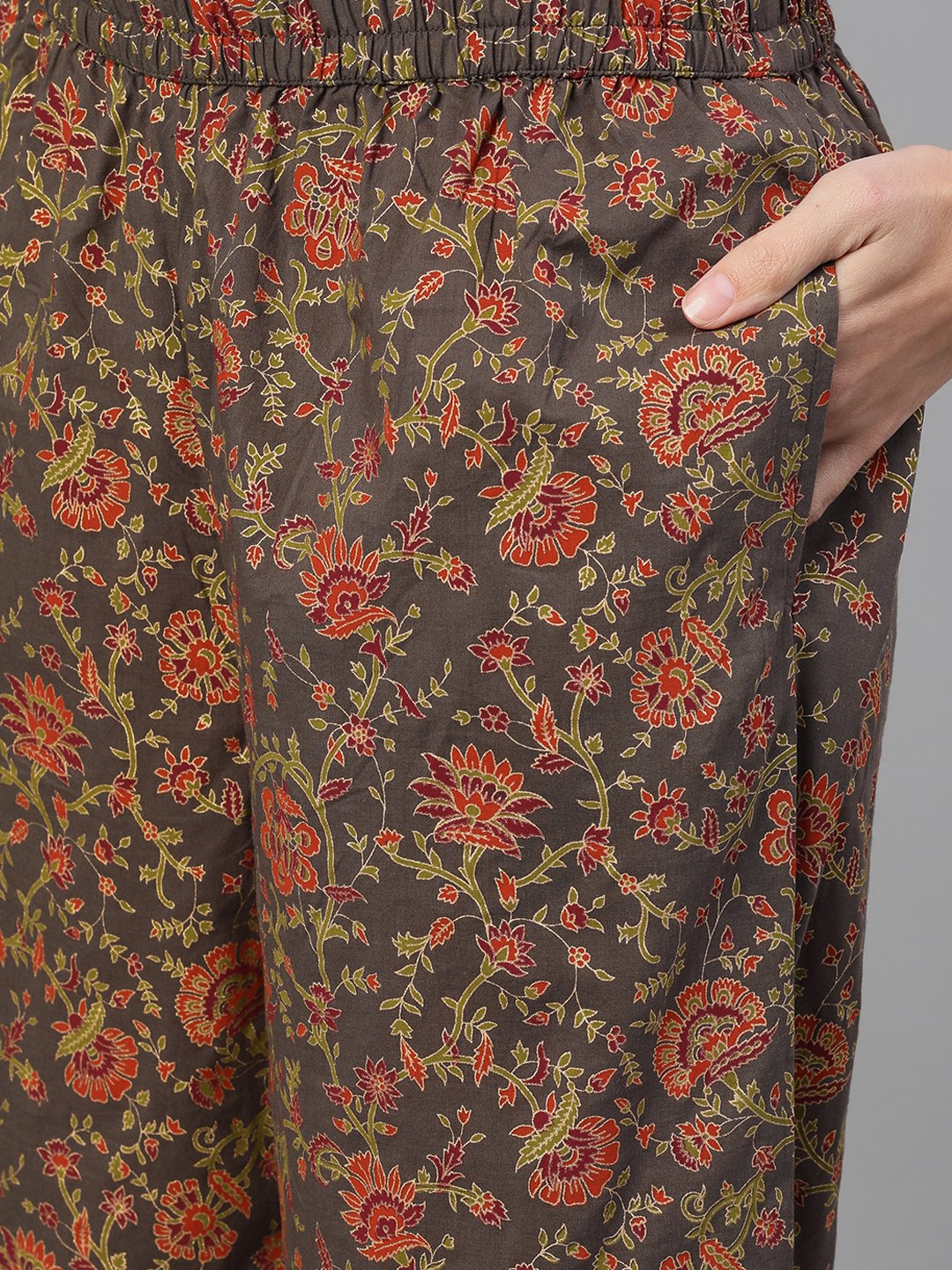 Women's Grey And Orange Gold Printed Three-Quarter Sleeves Straight Kurta With Palazzo And Dupatta With Pockets And Face Mask