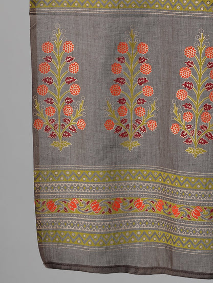 Women's Grey And Orange Gold Printed Three-Quarter Sleeves Straight Kurta With Palazzo And Dupatta With Pockets And Face Mask