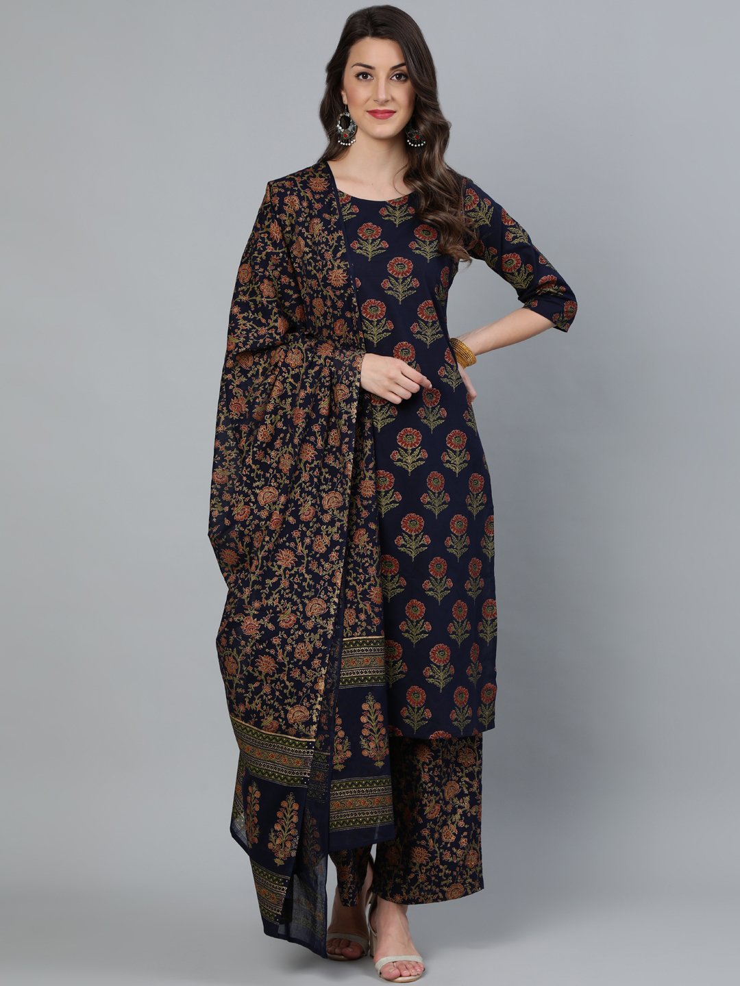 Women's Blue and  Gold Printed traight Kurta With Palazzo & Dupatta