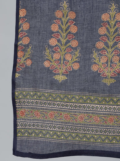Women's Blue and  Gold Printed traight Kurta With Palazzo & Dupatta