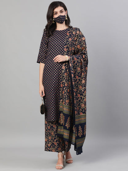 Women's Blue And Orange Gold Printed Three-Quarter Sleeves Straight Kurta With Palazzo And Dupatta With Pockets And Face Mask