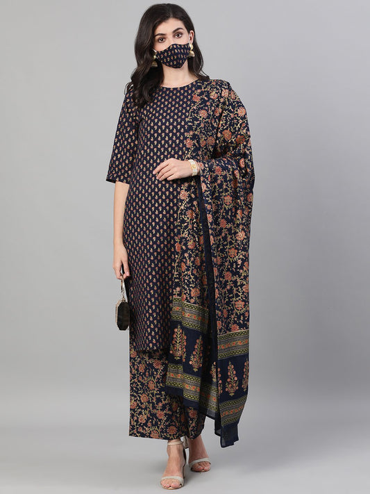 Women's Blue And Orange Gold Printed Three-Quarter Sleeves Straight Kurta With Palazzo And Dupatta With Pockets And Face Mask