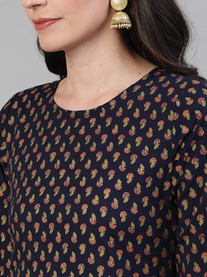 Women's Blue And Orange Gold Printed Three-Quarter Sleeves Straight Kurta With Palazzo And Dupatta With Pockets And Face Mask