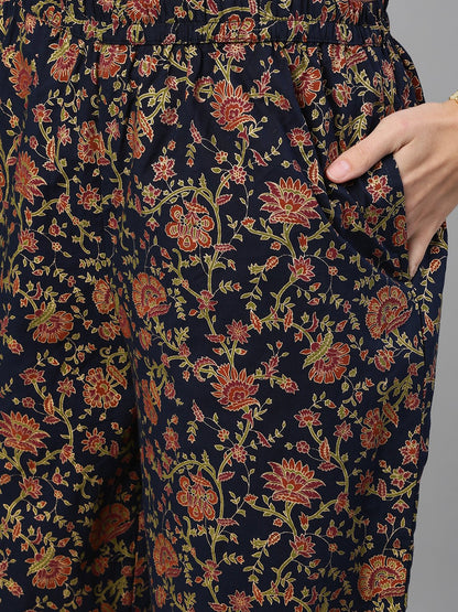 Women's Blue And Orange Gold Printed Three-Quarter Sleeves Straight Kurta With Palazzo And Dupatta With Pockets And Face Mask