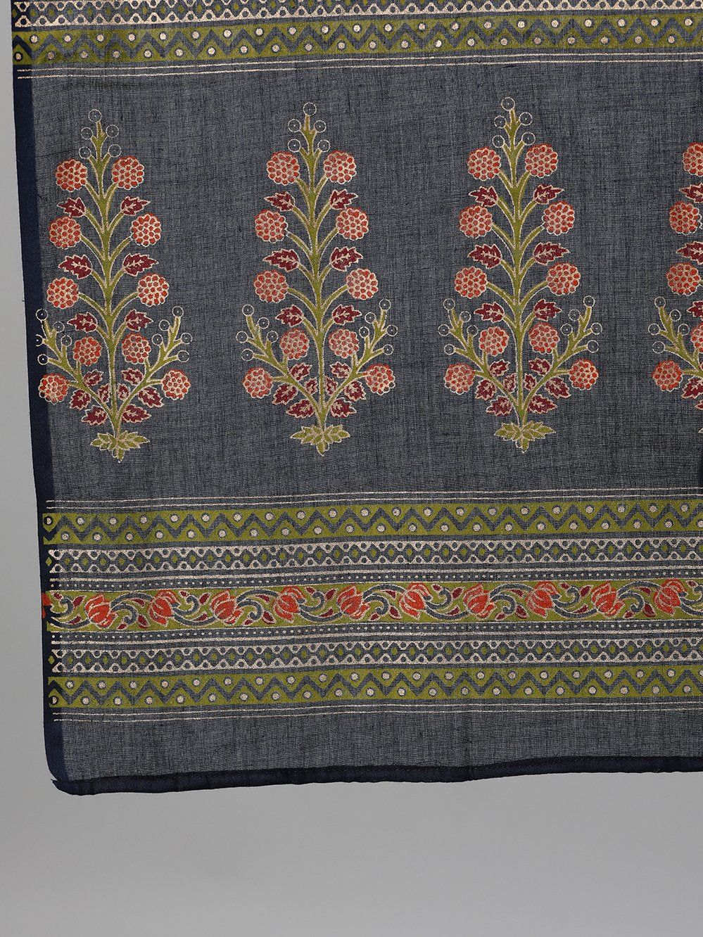 Women's Blue And Orange Gold Printed Three-Quarter Sleeves Straight Kurta With Palazzo And Dupatta With Pockets And Face Mask