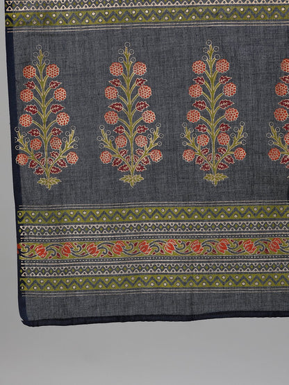 Women's Blue And Orange Gold Printed Three-Quarter Sleeves Straight Kurta With Palazzo And Dupatta With Pockets And Face Mask
