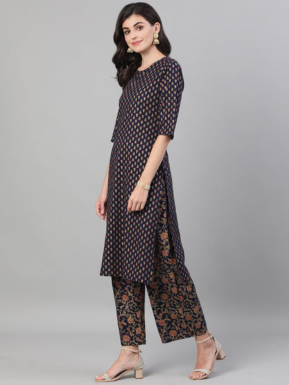 Women's Blue And Orange Gold Printed Three-Quarter Sleeves Straight Kurta With Palazzo And Dupatta With Pockets And Face Mask