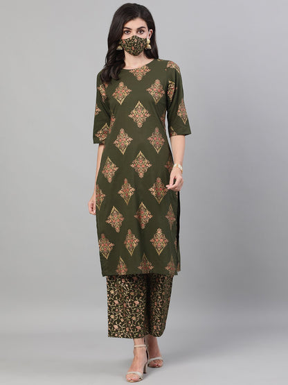 Women's Mehendi Green And Pink Gold Printed Three-Quarter Sleeves Straight Kurta With Palazzo With Pockets And Face Mask