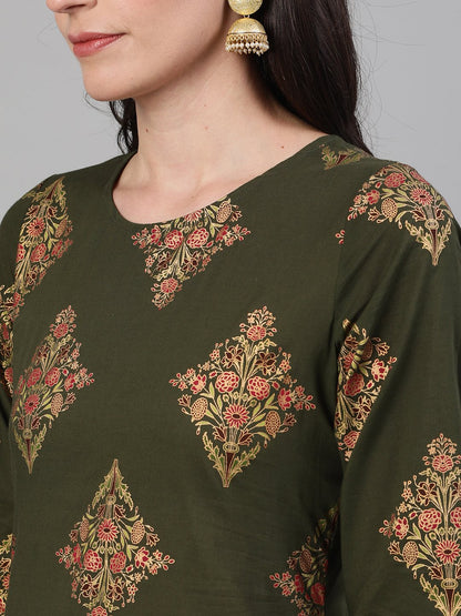 Women's Mehendi Green And Pink Gold Printed Three-Quarter Sleeves Straight Kurta With Palazzo With Pockets And Face Mask