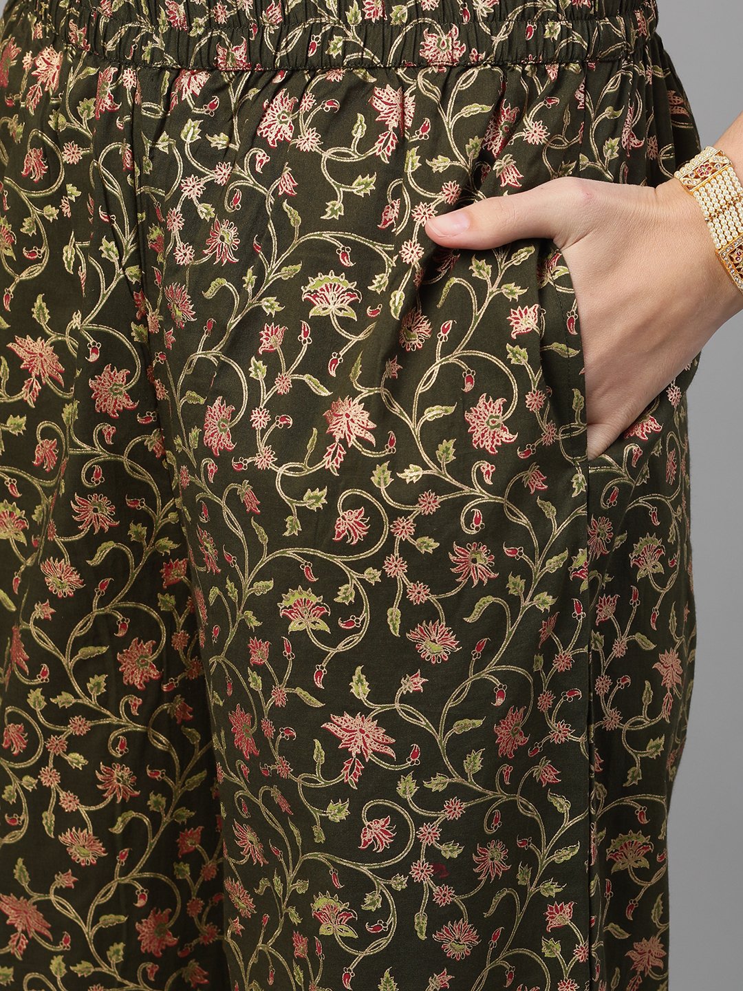 Women's Mehendi Green And Pink Gold Printed Three-Quarter Sleeves Straight Kurta With Palazzo With Pockets And Face Mask