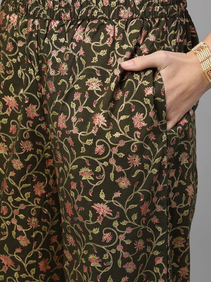 Women's Mehendi Green And Pink Gold Printed Three-Quarter Sleeves Straight Kurta With Palazzo With Pockets And Face Mask