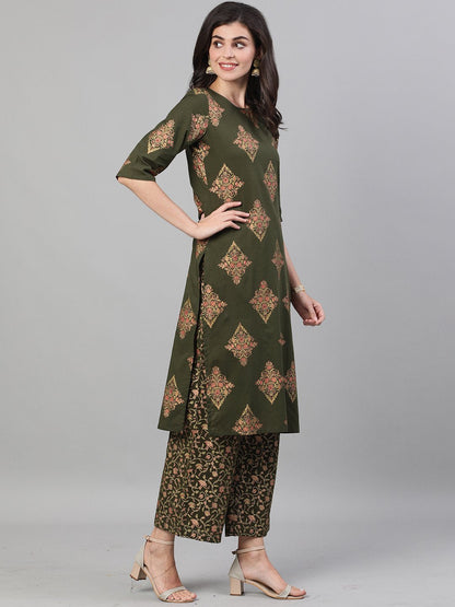 Women's Mehendi Green And Pink Gold Printed Three-Quarter Sleeves Straight Kurta With Palazzo With Pockets And Face Mask