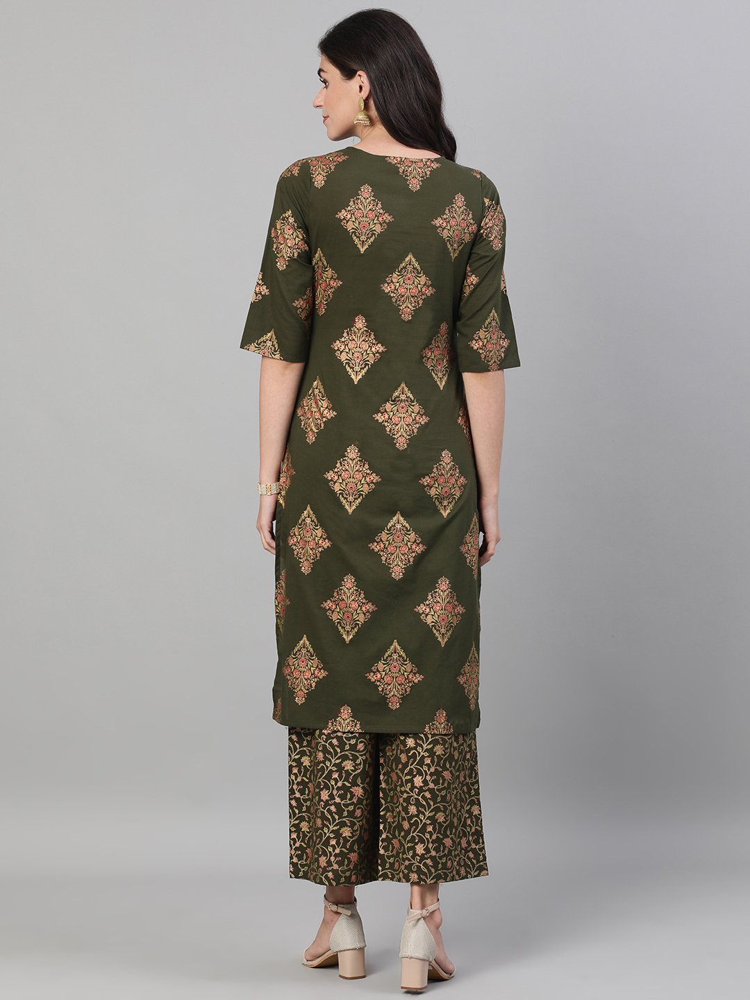 Women's Mehendi Green And Pink Gold Printed Three-Quarter Sleeves Straight Kurta With Palazzo With Pockets And Face Mask