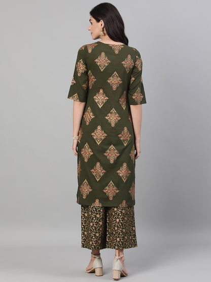 Women's Mehendi Green And Pink Gold Printed Three-Quarter Sleeves Straight Kurta With Palazzo With Pockets And Face Mask