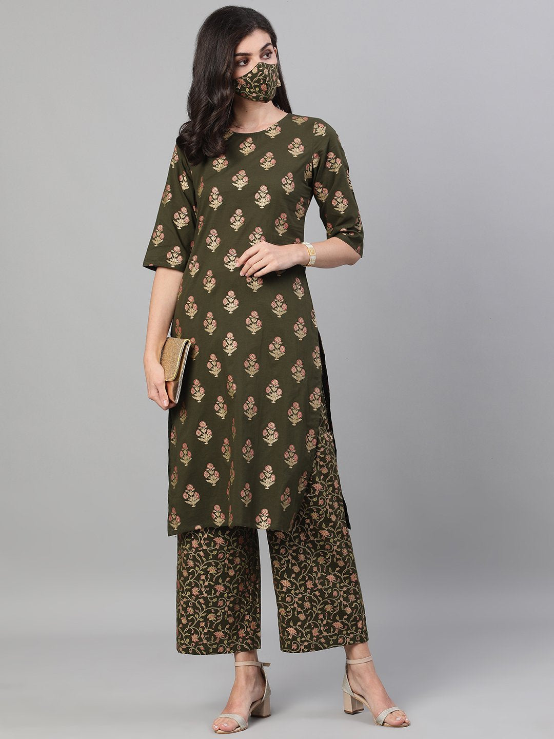 Women's Mehendi Green And Pink Gold Printed Three-Quarter Sleeves Straight Kurta With Palazzo With Pockets And Face Mask