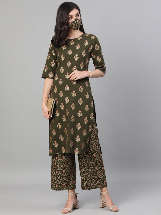 Women's Mehendi Green And Pink Gold Printed Three-Quarter Sleeves Straight Kurta With Palazzo With Pockets And Face Mask
