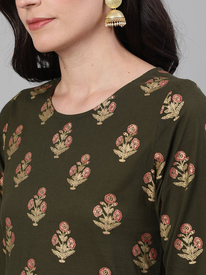 Women's Mehendi Green And Pink Gold Printed Three-Quarter Sleeves Straight Kurta With Palazzo With Pockets And Face Mask