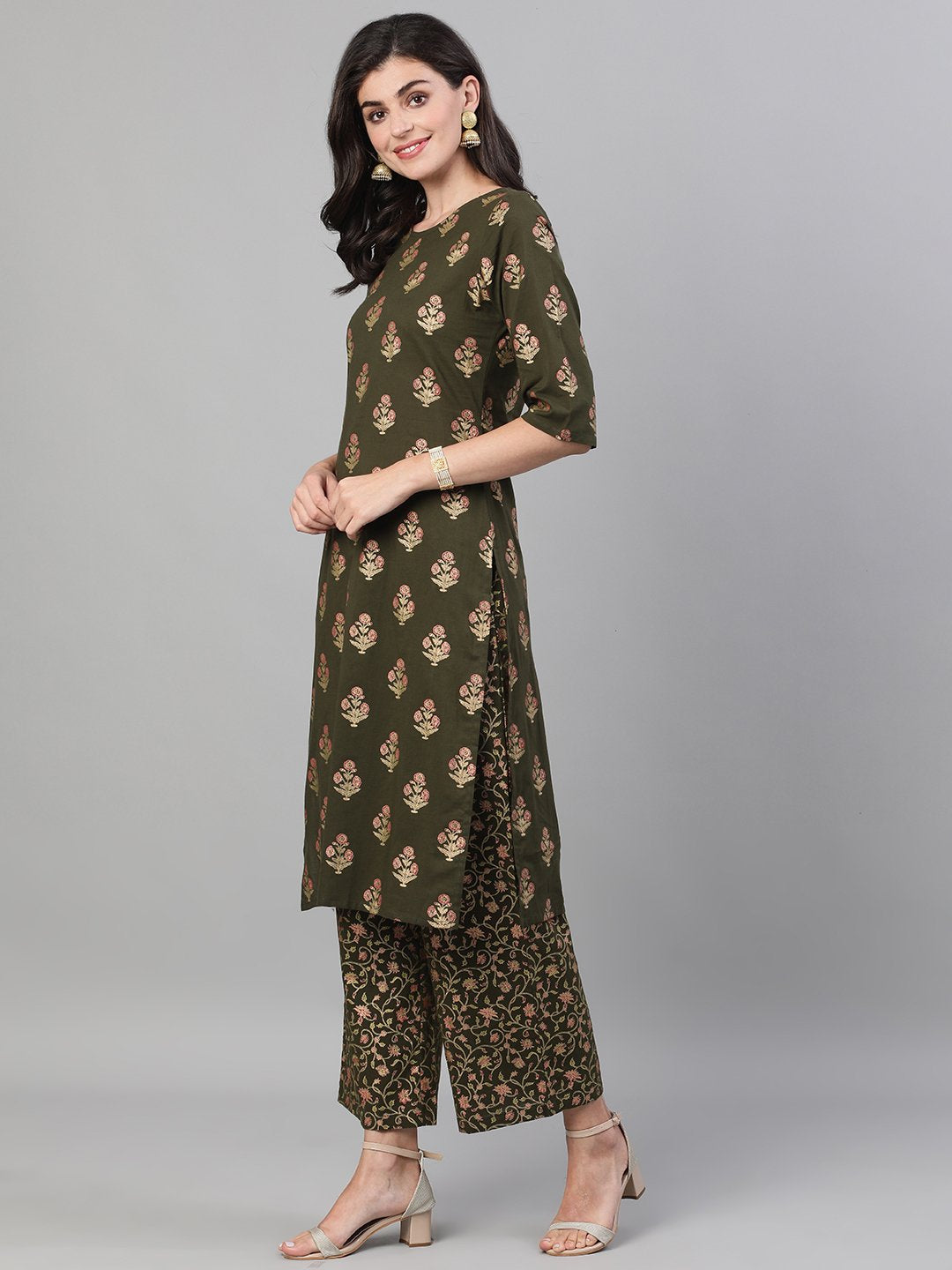 Women's Mehendi Green And Pink Gold Printed Three-Quarter Sleeves Straight Kurta With Palazzo With Pockets And Face Mask