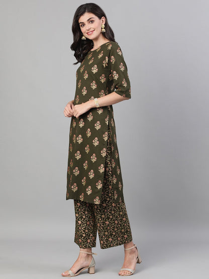 Women's Mehendi Green And Pink Gold Printed Three-Quarter Sleeves Straight Kurta With Palazzo With Pockets And Face Mask
