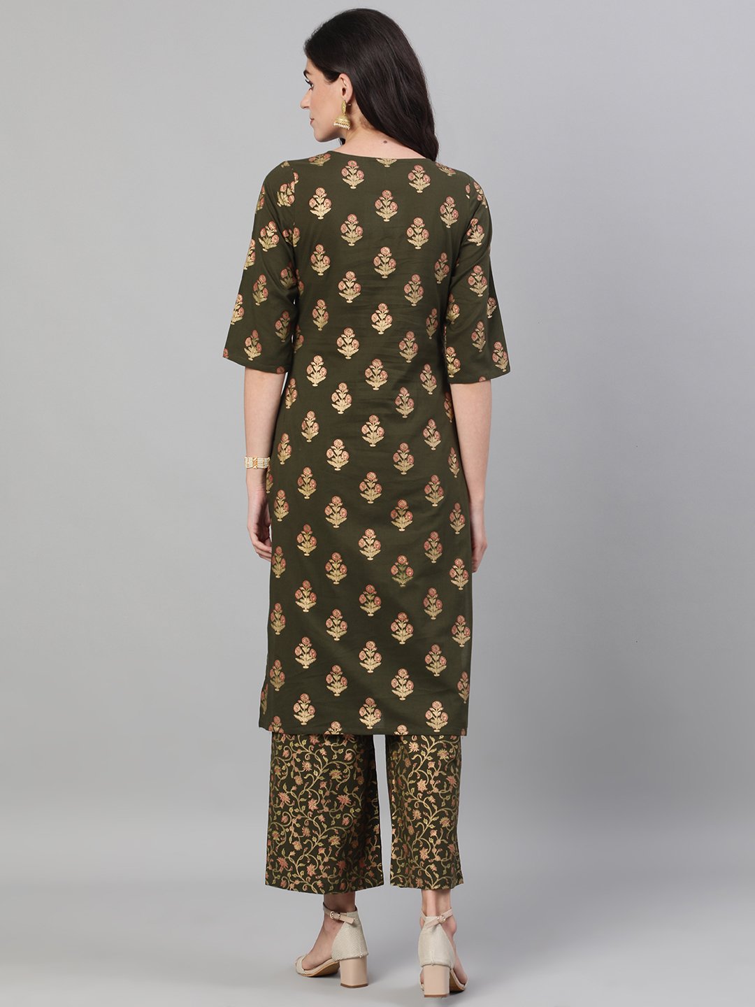Women's Mehendi Green And Pink Gold Printed Three-Quarter Sleeves Straight Kurta With Palazzo With Pockets And Face Mask