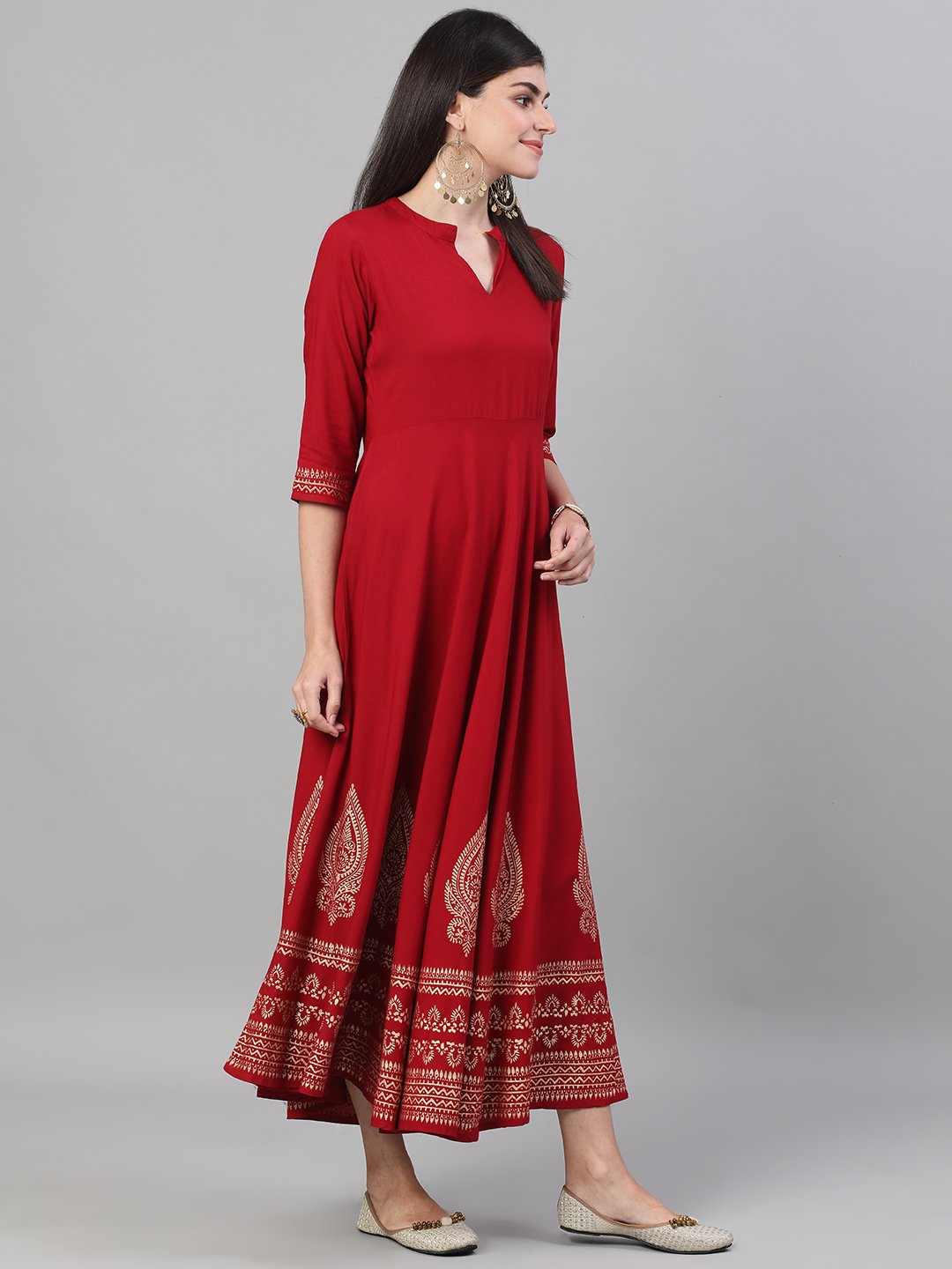 Women's Maroon Block Printed Viscose Rayon Maxi Dress With Pockets
