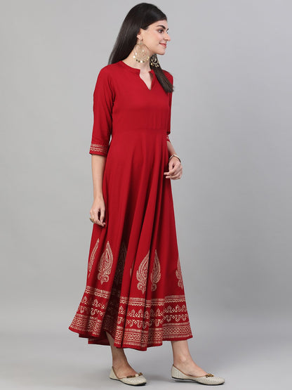 Women's Maroon Block Printed Viscose Rayon Maxi Dress With Pockets