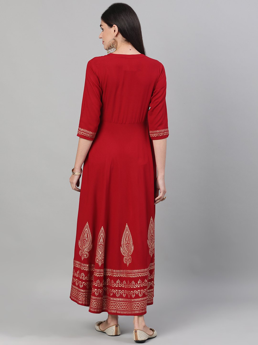 Women's Maroon Block Printed Viscose Rayon Maxi Dress With Pockets