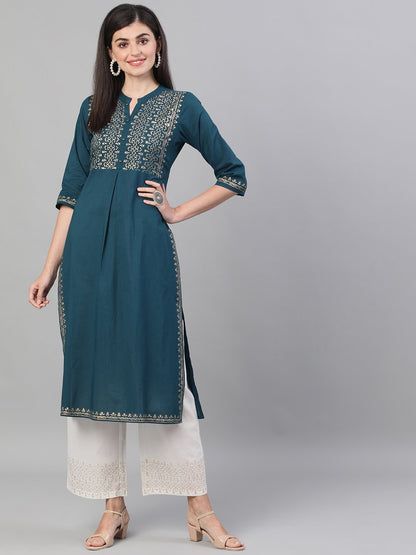 Women's Lavender Calf Length Three-Quarter Sleeves Straight Floral Printed Cotton Kurta Set With Face Mask