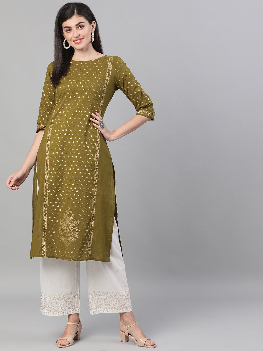 Women's Blue Calf Length Three-Quarter Sleeves Straight Ethnic Motif Printed Cotton Kurta Set With Pockets