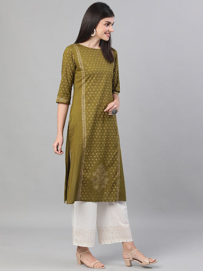 Women's Blue Calf Length Three-Quarter Sleeves Straight Ethnic Motif Printed Cotton Kurta Set With Pockets