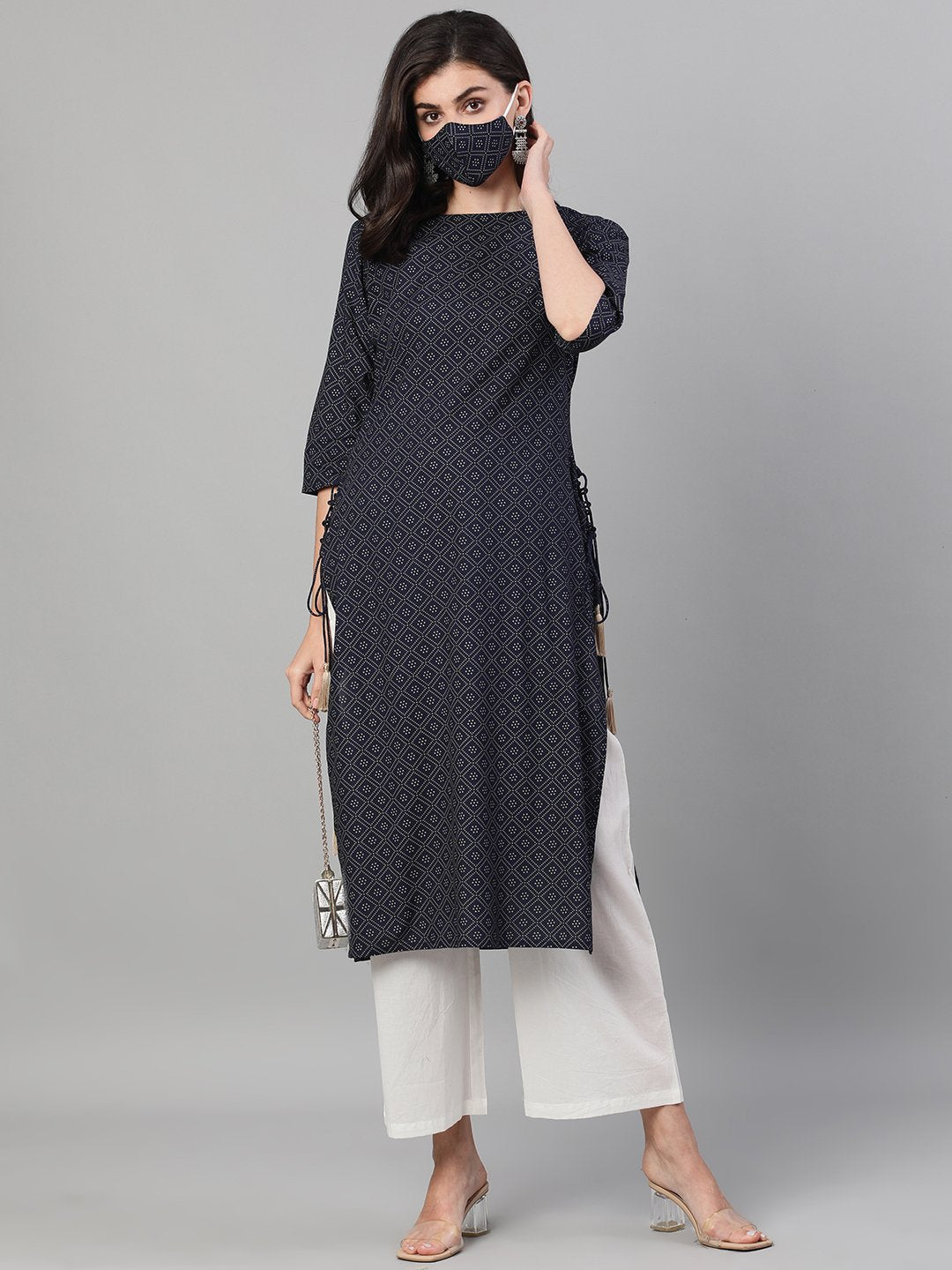 Women's Maroon Calf Length Three-Quarter Sleeves Straight Ethnic Motif Printed Cotton Kurta With Pockets And Face Mask