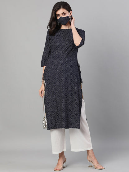 Women's Maroon Calf Length Three-Quarter Sleeves Straight Ethnic Motif Printed Cotton Kurta With Pockets And Face Mask