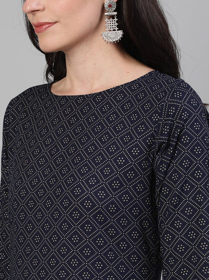 Women's Maroon Calf Length Three-Quarter Sleeves Straight Ethnic Motif Printed Cotton Kurta With Pockets And Face Mask