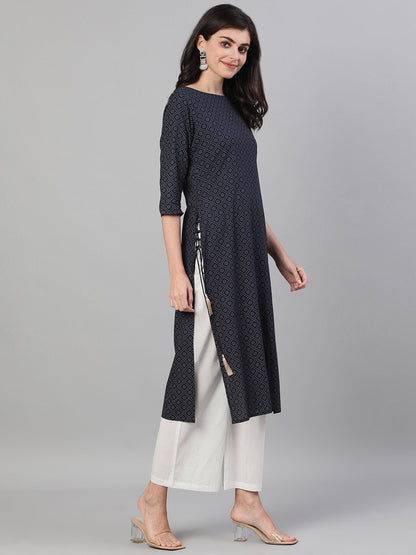 Women's Maroon Calf Length Three-Quarter Sleeves Straight Ethnic Motif Printed Cotton Kurta With Pockets And Face Mask