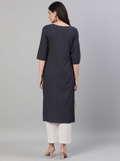 Women's Maroon Calf Length Three-Quarter Sleeves Straight Ethnic Motif Printed Cotton Kurta With Pockets And Face Mask