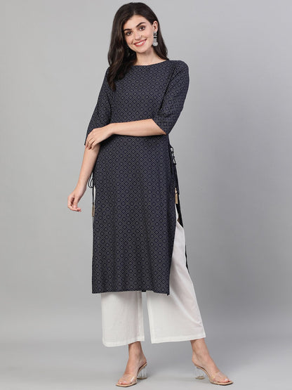 Women's Maroon Calf Length Three-Quarter Sleeves Straight Ethnic Motif Printed Cotton Kurta With Pockets And Face Mask