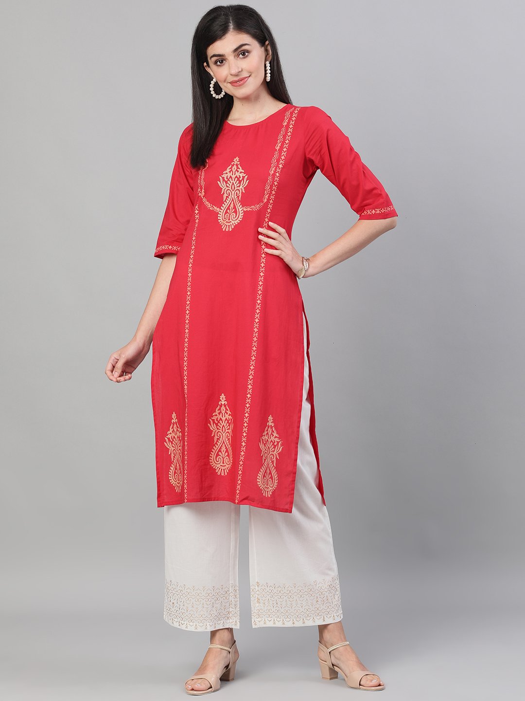 Women's Red And White Three-Quarter Sleeves Block Printed Straight Kurta With Palazzo And Pockets