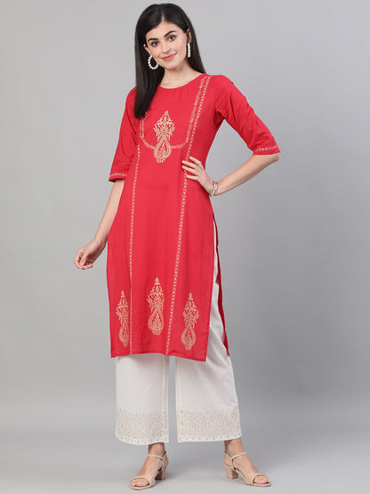 Women's Red And White Three-Quarter Sleeves Block Printed Straight Kurta With Palazzo And Pockets
