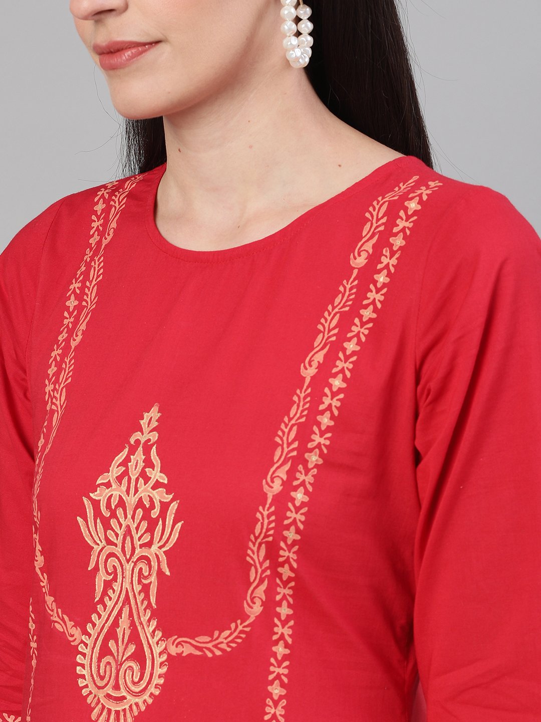 Women's Red And White Three-Quarter Sleeves Block Printed Straight Kurta With Palazzo And Pockets
