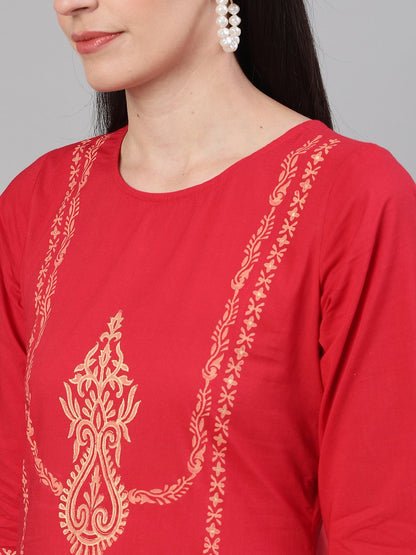 Women's Red And White Three-Quarter Sleeves Block Printed Straight Kurta With Palazzo And Pockets