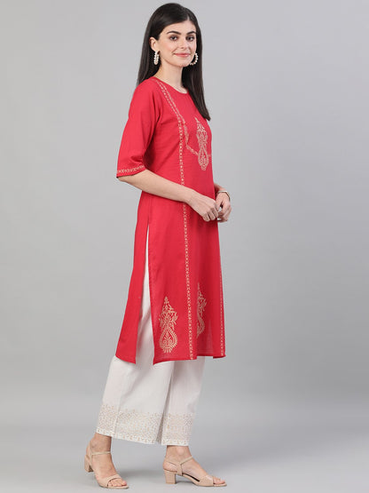 Women's Red And White Three-Quarter Sleeves Block Printed Straight Kurta With Palazzo And Pockets