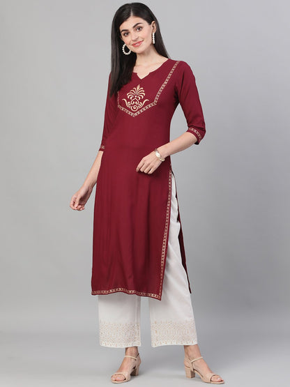Women's Burgundy And White Three-Quarter Sleeves Block Printed Straight Kurta With Palazzo And Pockets
