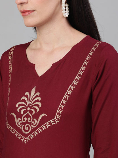 Women's Burgundy And White Three-Quarter Sleeves Block Printed Straight Kurta With Palazzo And Pockets