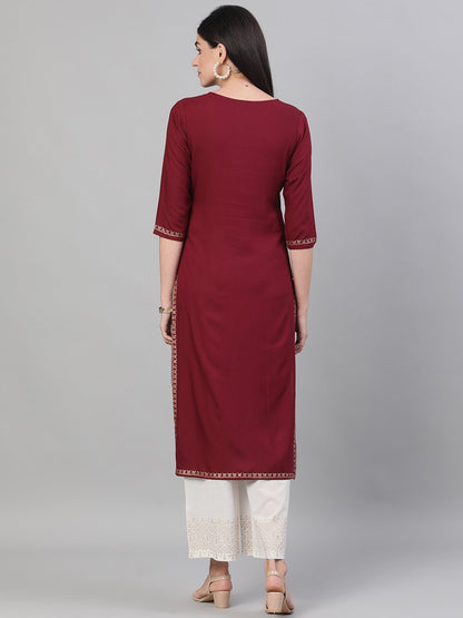 Women's Burgundy And White Three-Quarter Sleeves Block Printed Straight Kurta With Palazzo And Pockets