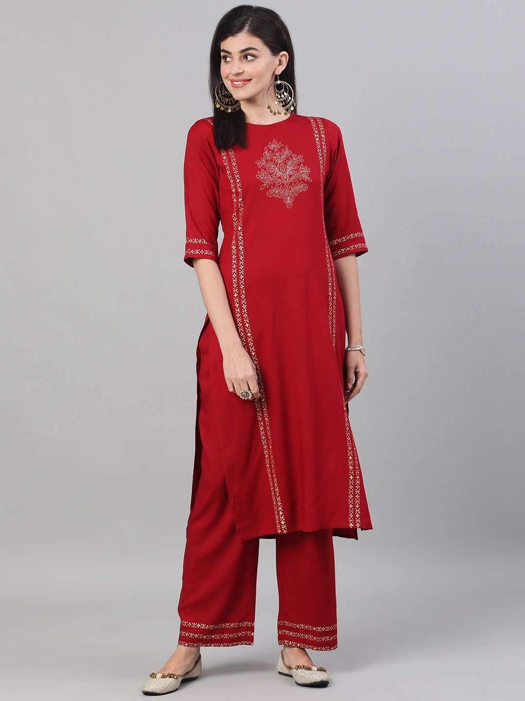 Women's Maroon Three-Quarter Sleeves Block Printed Straight Kurta With Palazzo And Pockets