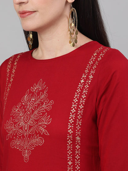 Women's Maroon Three-Quarter Sleeves Block Printed Straight Kurta With Palazzo And Pockets