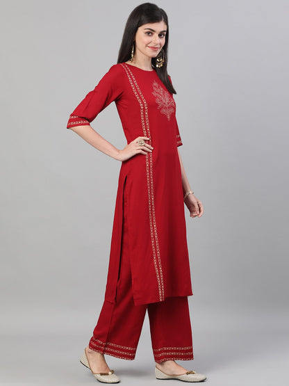 Women's Maroon Three-Quarter Sleeves Block Printed Straight Kurta With Palazzo And Pockets